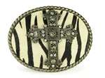 Oval Religious Cross Rhinestone Zebra Leather Belt Buckle