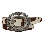 Western Oval Floral Etched Buckle w. Genuine Cow Hair Leather Belt