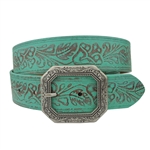 Trendy Floral Tooled Belt with a silver floral etched buckle