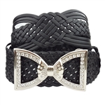 Hand Braided Black Leather Belt with Silver Bow Tie Buckle
