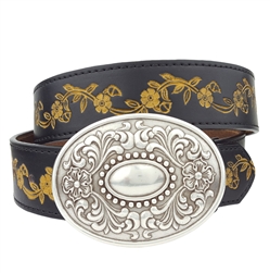 Western Engraved buckle with matching embossed Floral belt