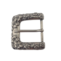 Belt buckle with 3D flower design in antique silver and brass finishes