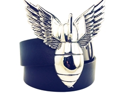 Winged Bomb buckle with black snap on bonded leather belt.