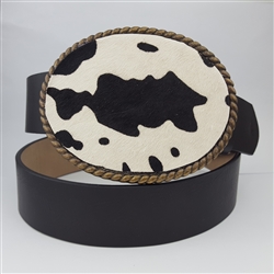 Unisex Western Oval Buckle with hair inlay leather belt