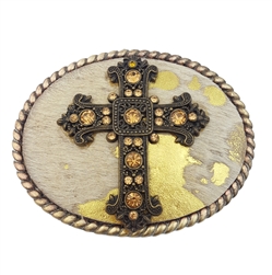 Oval Religious Cross Rhinestone Zebra Leather Belt Buckle