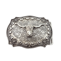 Western Antique Silver Long Horn Design Belt Buckle