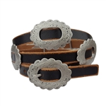 Wester-Inspired Leather Belt w. floral edged concho