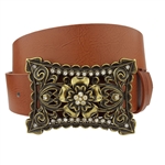 Vintage Brass Western Crystal flower belt Buckle With Vegan Belt Strap