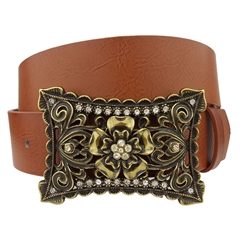 Vintage Brass Western Crystal flower belt Buckle With Vegan Belt Strap
