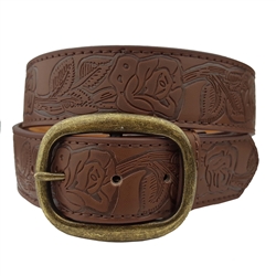 Western Rose Tooled Belt with Antic Brass Oval Buckle