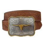 Western Long Horn Buckle with floral embossing belt