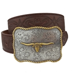 Western Long Horn Buckle with matching tooled belt