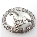 Western Oval Belt Buckle with Galloping Horse Design