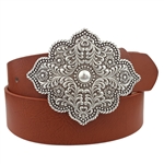 Vegan belt strap with Western Style Floral Shape Buckle Belt Buckle is floral-shaped with rope edge rim detail Detail Floral design