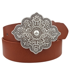 Vegan belt strap with Western Style Floral Shape Buckle Belt Buckle is floral-shaped with rope edge rim detail Detail Floral design