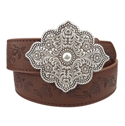 Western-Inspired Silver Floral Shape Buckle with floral tooled belt