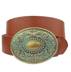 Western-Inspired Floral Engraved Oval Buckle With Vegan Belt strap