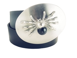 Black widow spider silver buckle with black bonded leather strap