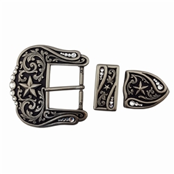 3 pieces Western buckle set with star design in antique silver.